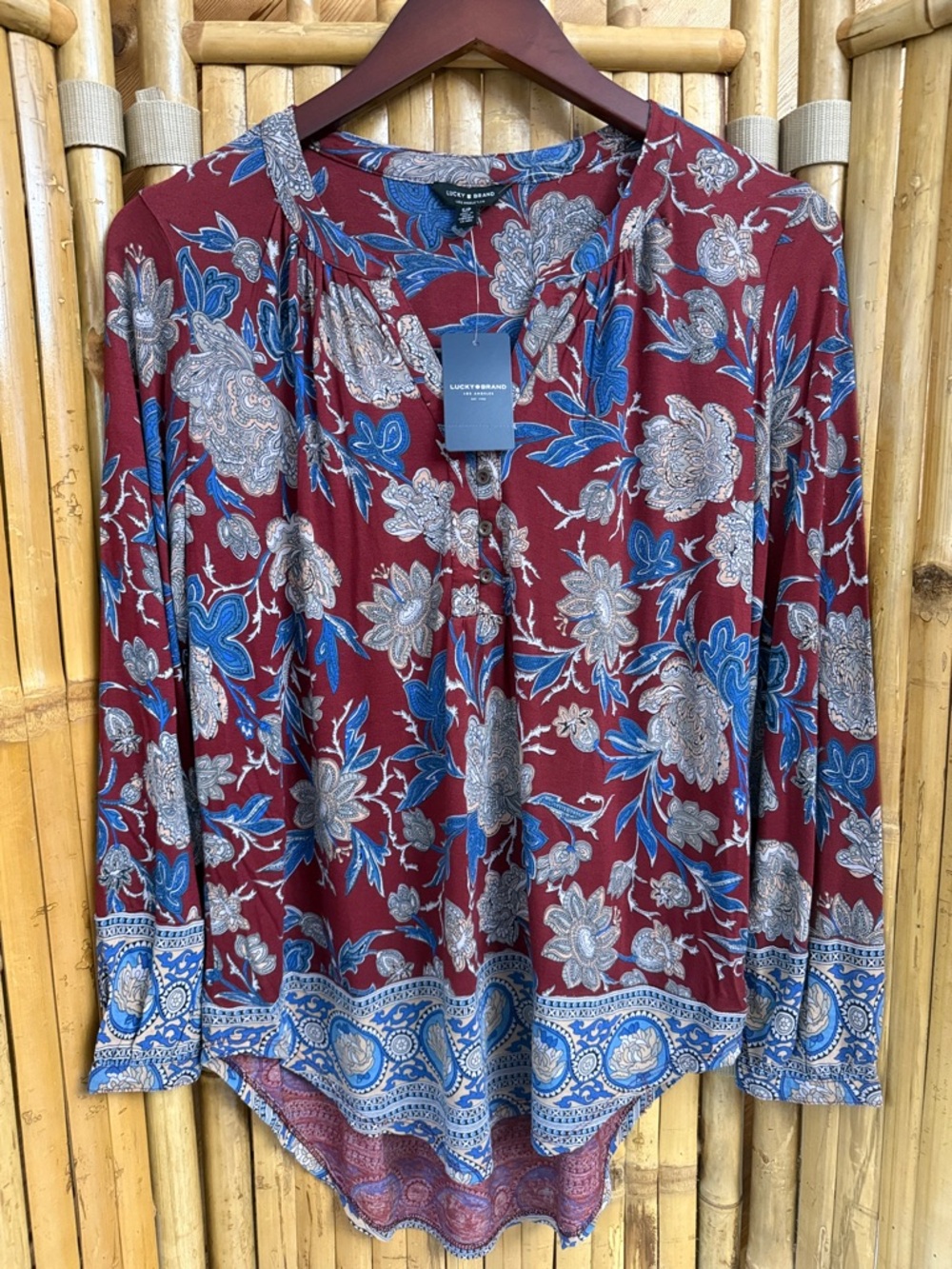 Lucky Brand Burgundy Floral Long Sleeve Button-Front Top Size S/P.  NWT